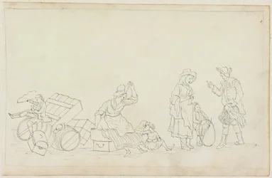 Rökande kvinna, barn, man och kvinna (blyerts och bläck på papper (på papper med M750))